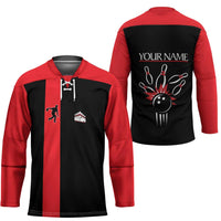 Custom Red and Black Bowling Hockey Jersey with Strike Explosion Graphic Custom Name and Bowler Silhouette - Wonder Print Shop