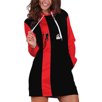 Custom Red and Black Bowling Hoodie Dress with Strike Explosion Graphic Custom Name and Bowler Silhouette - Wonder Print Shop