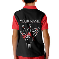 Custom Red and Black Bowling Kid Polo Shirt with Strike Explosion Graphic Custom Name and Bowler Silhouette - Wonder Print Shop