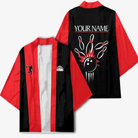 Custom Red and Black Bowling Kimono with Strike Explosion Graphic Custom Name and Bowler Silhouette - Wonder Print Shop