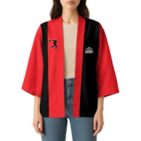 Custom Red and Black Bowling Kimono with Strike Explosion Graphic Custom Name and Bowler Silhouette - Wonder Print Shop