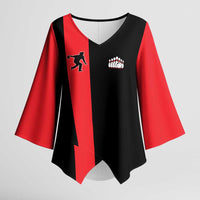 Custom Red and Black Bowling Kimono Sleeve Blouse with Strike Explosion Graphic Custom Name and Bowler Silhouette - Wonder Print Shop