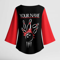 Custom Red and Black Bowling Kimono Sleeve Blouse with Strike Explosion Graphic Custom Name and Bowler Silhouette - Wonder Print Shop