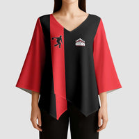 Custom Red and Black Bowling Kimono Sleeve Blouse with Strike Explosion Graphic Custom Name and Bowler Silhouette - Wonder Print Shop