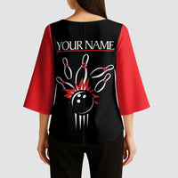 Custom Red and Black Bowling Kimono Sleeve Blouse with Strike Explosion Graphic Custom Name and Bowler Silhouette - Wonder Print Shop