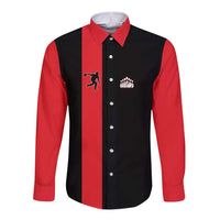 Custom Red and Black Bowling Long Sleeve Button Shirt with Strike Explosion Graphic Custom Name and Bowler Silhouette - Wonder Print Shop