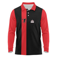 Custom Red and Black Bowling Long Sleeve Polo Shirt with Strike Explosion Graphic Custom Name and Bowler Silhouette - Wonder Print Shop