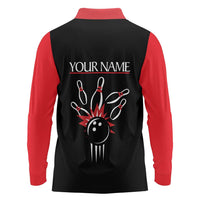 Custom Red and Black Bowling Long Sleeve Polo Shirt with Strike Explosion Graphic Custom Name and Bowler Silhouette - Wonder Print Shop