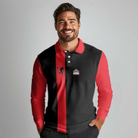 Custom Red and Black Bowling Long Sleeve Polo Shirt with Strike Explosion Graphic Custom Name and Bowler Silhouette - Wonder Print Shop