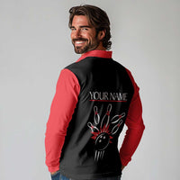 Custom Red and Black Bowling Long Sleeve Polo Shirt with Strike Explosion Graphic Custom Name and Bowler Silhouette - Wonder Print Shop