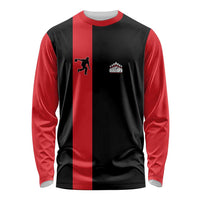 Custom Red and Black Bowling Long Sleeve Shirt with Strike Explosion Graphic Custom Name and Bowler Silhouette - Wonder Print Shop