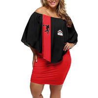 Custom Red and Black Bowling Off Shoulder Short Dress with Strike Explosion Graphic Custom Name and Bowler Silhouette - Wonder Print Shop