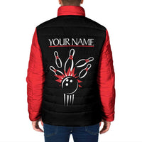 Custom Red and Black Bowling Padded Jacket with Strike Explosion Graphic Custom Name and Bowler Silhouette - Wonder Print Shop