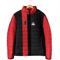 Custom Red and Black Bowling Padded Jacket with Strike Explosion Graphic Custom Name and Bowler Silhouette - Wonder Print Shop