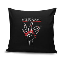 Custom Red and Black Bowling Pillow Cover with Strike Explosion Graphic Custom Name and Bowler Silhouette - Wonder Print Shop