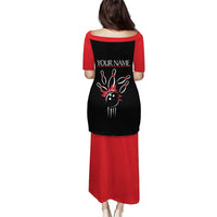 Custom Red and Black Bowling Puletasi with Strike Explosion Graphic Custom Name and Bowler Silhouette - Wonder Print Shop