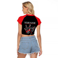 Custom Red and Black Bowling Raglan Cropped T Shirt with Strike Explosion Graphic Custom Name and Bowler Silhouette - Wonder Print Shop