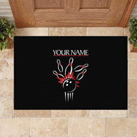 Custom Red and Black Bowling Rubber Doormat with Strike Explosion Graphic Custom Name and Bowler Silhouette - Wonder Print Shop