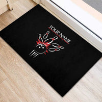 Custom Red and Black Bowling Rubber Doormat with Strike Explosion Graphic Custom Name and Bowler Silhouette - Wonder Print Shop