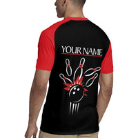 Custom Red and Black Bowling Rugby Jersey with Strike Explosion Graphic Custom Name and Bowler Silhouette - Wonder Print Shop