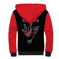 Custom Red and Black Bowling Sherpa Hoodie with Strike Explosion Graphic Custom Name and Bowler Silhouette - Wonder Print Shop