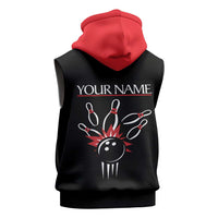 Custom Red and Black Bowling Sleeveless Hoodie with Strike Explosion Graphic Custom Name and Bowler Silhouette - Wonder Print Shop