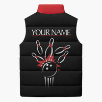 Custom Red and Black Bowling Sleeveless Puffer Jacket with Strike Explosion Graphic Custom Name and Bowler Silhouette - Wonder Print Shop