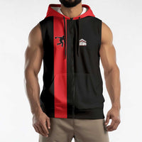 Custom Red and Black Bowling Sleeveless Zip Hoodie with Strike Explosion Graphic Custom Name and Bowler Silhouette - Wonder Print Shop