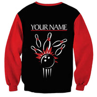 Custom Red and Black Bowling Sweatshirt with Strike Explosion Graphic Custom Name and Bowler Silhouette - Wonder Print Shop