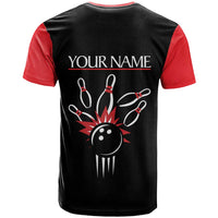 Custom Red and Black Bowling T Shirt with Strike Explosion Graphic Custom Name and Bowler Silhouette - Wonder Print Shop