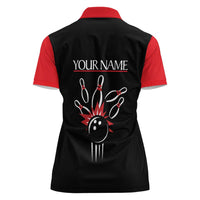 Custom Red and Black Bowling Women Polo Shirt with Strike Explosion Graphic Custom Name and Bowler Silhouette - Wonder Print Shop