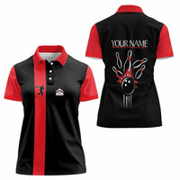 Custom Red and Black Bowling Women Polo Shirt with Strike Explosion Graphic Custom Name and Bowler Silhouette - Wonder Print Shop