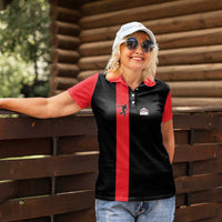 Custom Red and Black Bowling Women Polo Shirt with Strike Explosion Graphic Custom Name and Bowler Silhouette - Wonder Print Shop