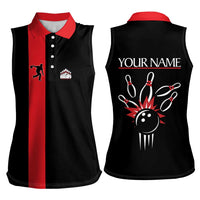 Custom Red and Black Bowling Women Sleeveless Polo Shirt with Strike Explosion Graphic Custom Name and Bowler Silhouette - Wonder Print Shop