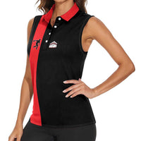 Custom Red and Black Bowling Women Sleeveless Polo Shirt with Strike Explosion Graphic Custom Name and Bowler Silhouette - Wonder Print Shop