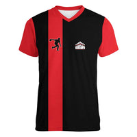 Custom Red and Black Bowling Women V-Neck T-Shirt with Strike Explosion Graphic Custom Name and Bowler Silhouette - Wonder Print Shop