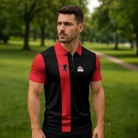 Custom Red and Black Bowling Zipper Polo Shirt with Strike Explosion Graphic Custom Name and Bowler Silhouette - Wonder Print Shop