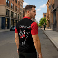 Custom Red and Black Bowling Zipper Polo Shirt with Strike Explosion Graphic Custom Name and Bowler Silhouette - Wonder Print Shop