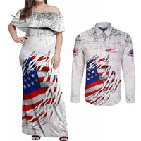 Custom American Flag Billiards Couples Matching Off Shoulder Maxi Dress and Long Sleeve Button Shirt with Ripped Design Pool Ball Graphic - Wonder Print Shop