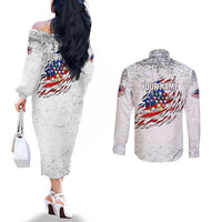 Custom American Flag Billiards Couples Matching Off The Shoulder Long Sleeve Dress and Long Sleeve Button Shirt with Ripped Design Pool Ball Graphic - Wonder Print Shop