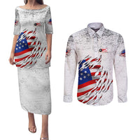 Custom American Flag Billiards Couples Matching Puletasi and Long Sleeve Button Shirt with Ripped Design Pool Ball Graphic - Wonder Print Shop