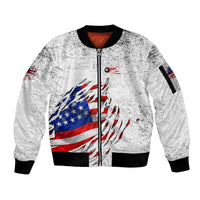 Custom American Flag Billiards Sleeve Zip Bomber Jacket with Ripped Design Pool Ball Graphic - Wonder Print Shop