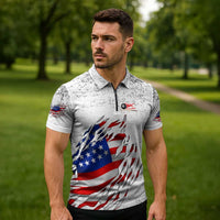 Custom American Flag Billiards Zipper Polo Shirt with Ripped Design Pool Ball Graphic - Wonder Print Shop