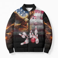 Custom Patriotic Eagle Bowling Bomber Puffer Jacket with American Flag Strike Design - Wonder Print Shop