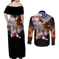 Custom Patriotic Eagle Bowling Couples Matching Off Shoulder Maxi Dress and Long Sleeve Button Shirt with American Flag Strike Design - Wonder Print Shop