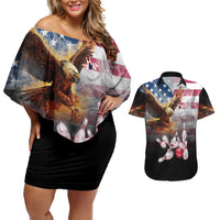 Custom Patriotic Eagle Bowling Couples Matching Off Shoulder Short Dress and Hawaiian Shirt with American Flag Strike Design - Wonder Print Shop