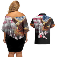 Custom Patriotic Eagle Bowling Couples Matching Off Shoulder Short Dress and Hawaiian Shirt with American Flag Strike Design - Wonder Print Shop