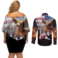 Custom Patriotic Eagle Bowling Couples Matching Off Shoulder Short Dress and Long Sleeve Button Shirt with American Flag Strike Design - Wonder Print Shop