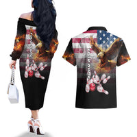 Custom Patriotic Eagle Bowling Couples Matching Off The Shoulder Long Sleeve Dress and Hawaiian Shirt with American Flag Strike Design - Wonder Print Shop