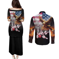 Custom Patriotic Eagle Bowling Couples Matching Puletasi and Long Sleeve Button Shirt with American Flag Strike Design - Wonder Print Shop